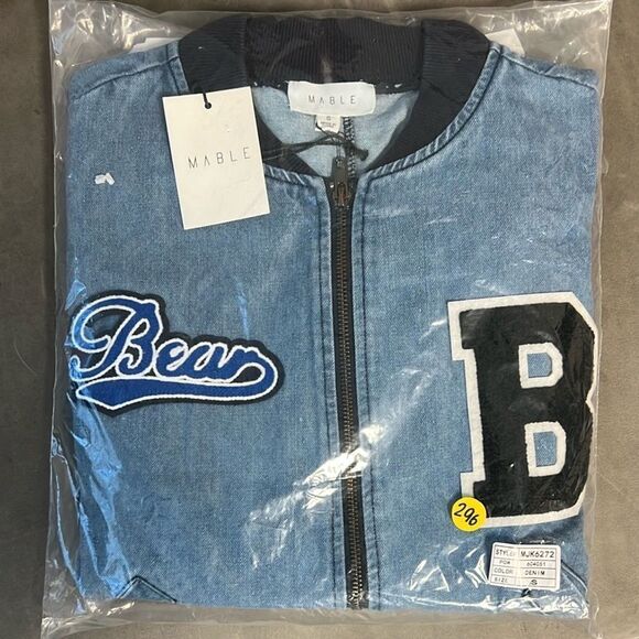 Anthropologie x Mable cropped varsity denim jacket faux leather sleeves  Small - Picture 2 of 6